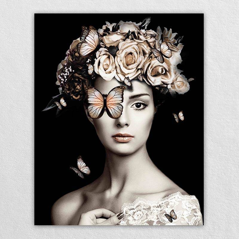 Woman Black Floral Wall Art | Omgportrait Dark Floral Canvas Art
