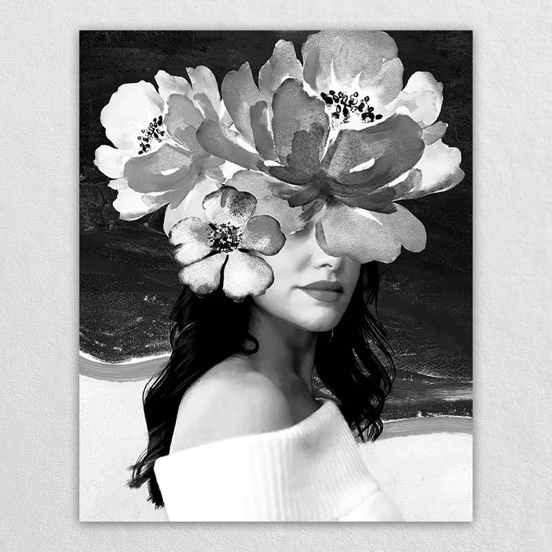 Woman Black and White Flower Wall Art Design