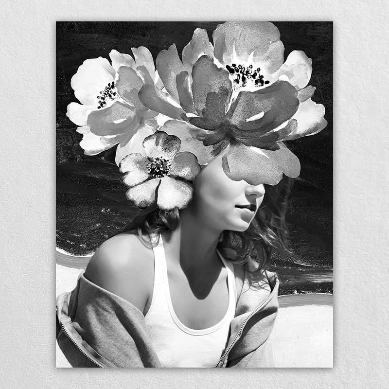 Woman Black and White Flower Wall Art Design