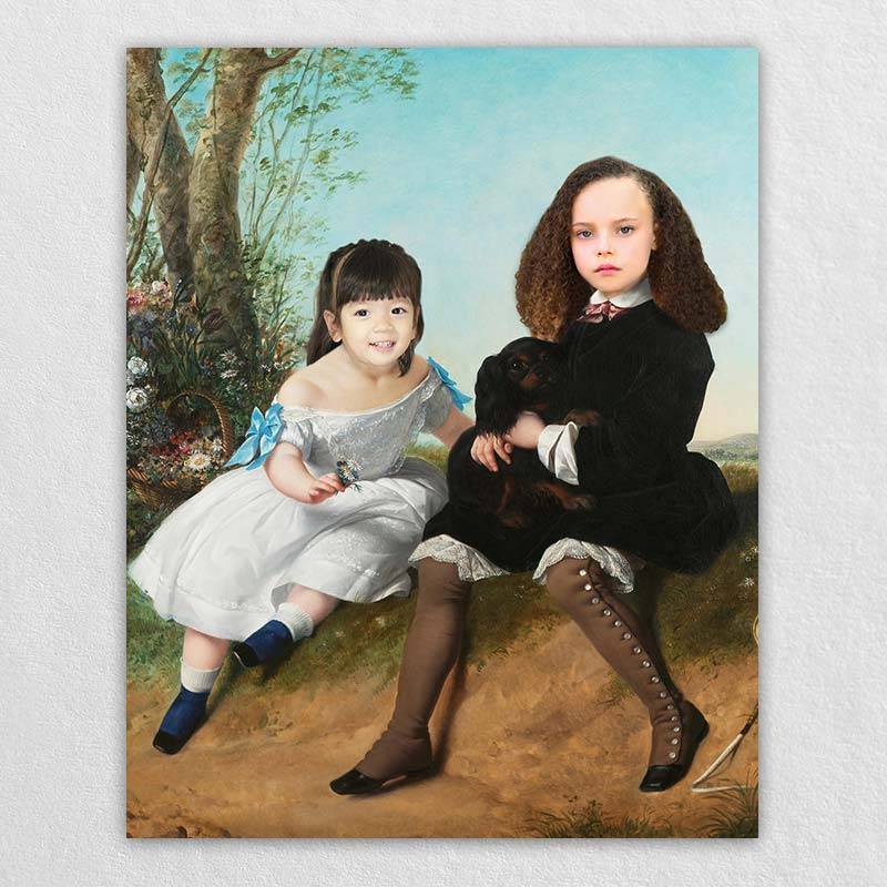 Personalized Two Sisters Outdoor Portrait Photographer Art Drawing, Best Cousin Birthday Gift