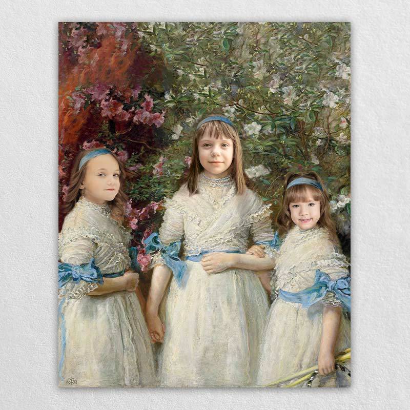 Outdoor group portrait of three girls order printed canvas