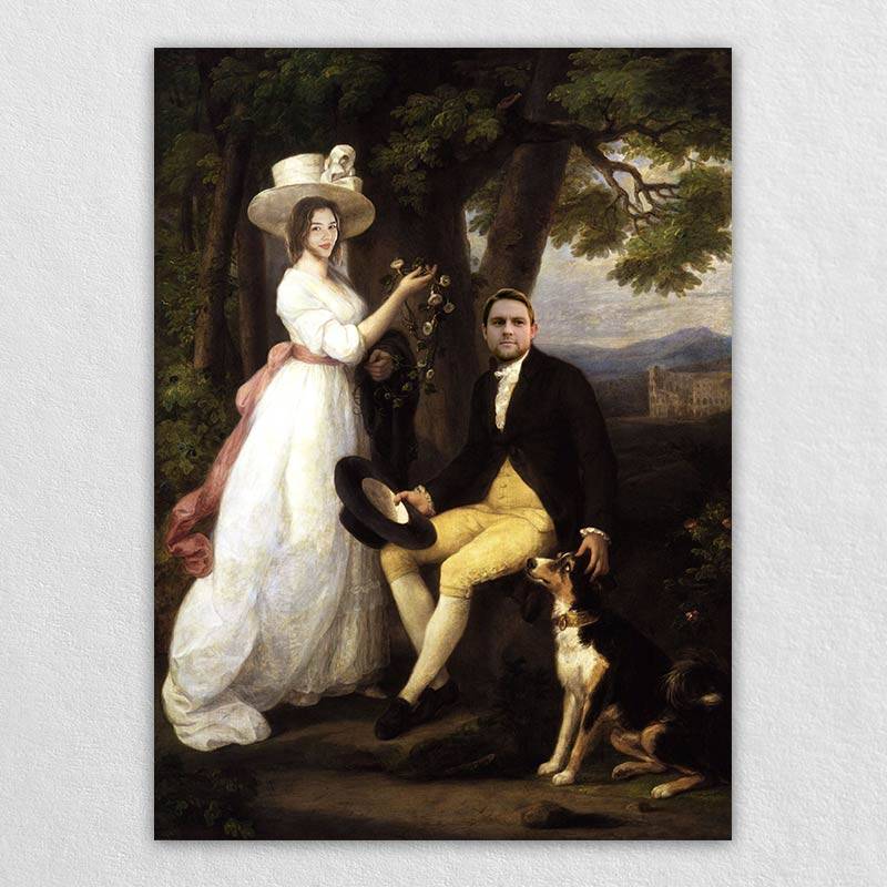 Vintage Custom Outdoor Family Portrait of a Couple and Hunting Dog