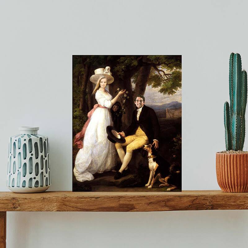 Vintage Custom Outdoor Family Portrait of a Couple and Hunting Dog